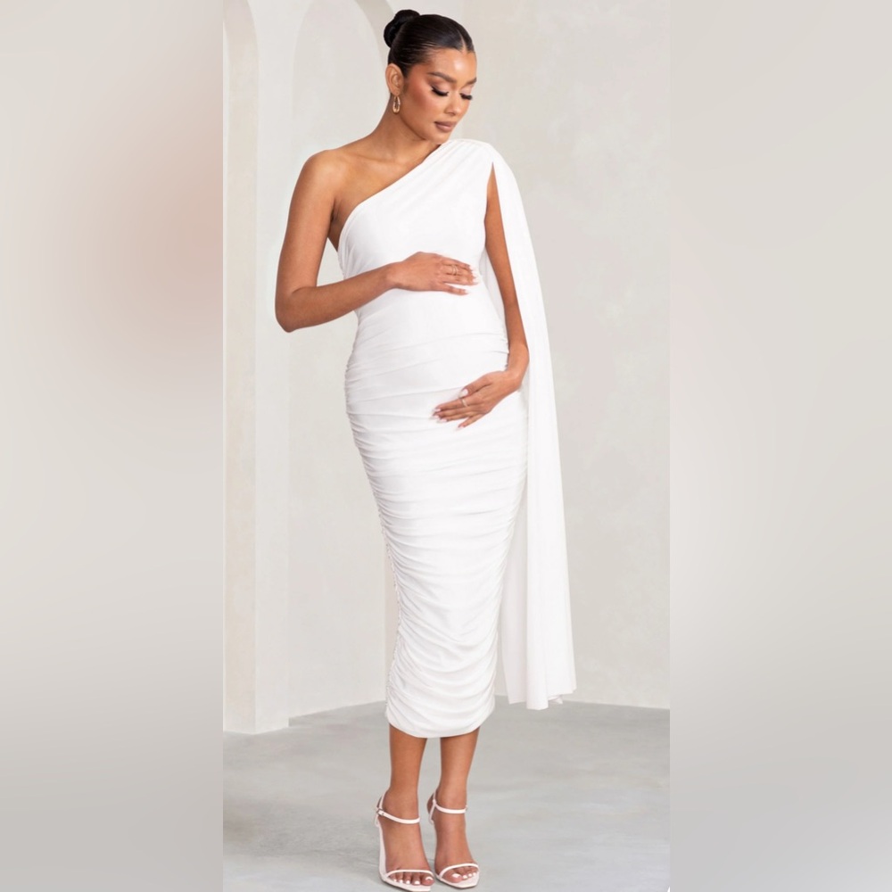 Club L London One-Shoulder White Draped Maternity Dress